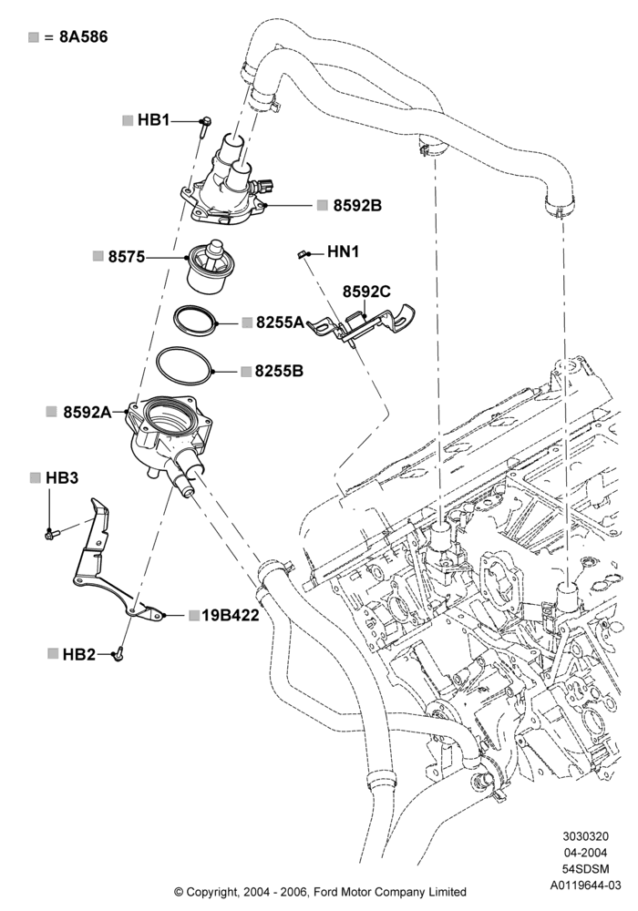 20A - Thermostat/Housing & Related Parts, 5.4L 4V DOHC EFI S/C ALUM V8 G; 30/JUN/2004-30/SEP/2006