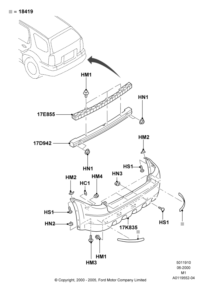 10A - Rear Bumper, (+) North American Markets, Less No Boundaries Roof Lugg Rack; 12/JUN/2000-22/DEC/2003