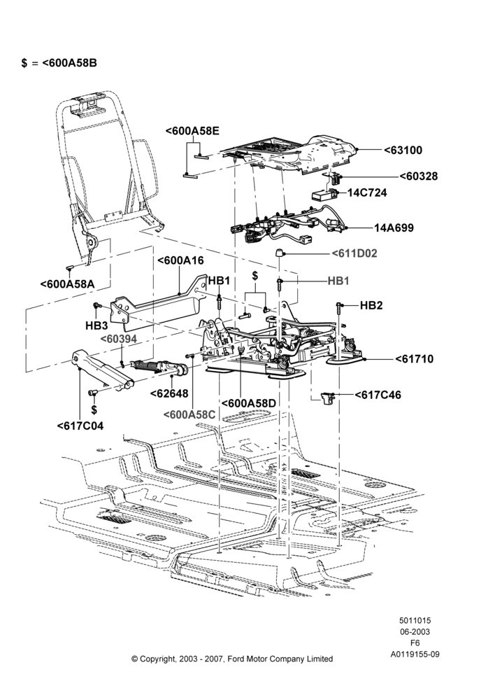 15N - Front Seat Base, Crew Cab, With Pass 6 Way Power Seat Adjuster, Passenger Seat; 02/JUN/2003-08/AUG/2005