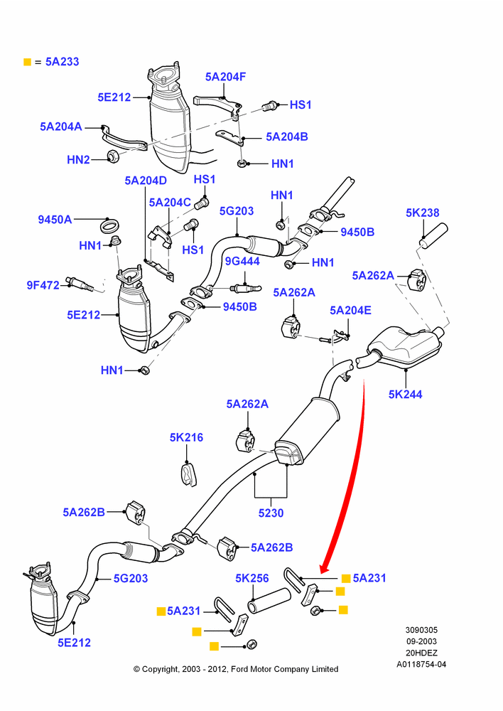05C - Exhaust System, All 2.0L Zetec Engines, Less SVT Package; 04/SEP/2003-05/APR/2004