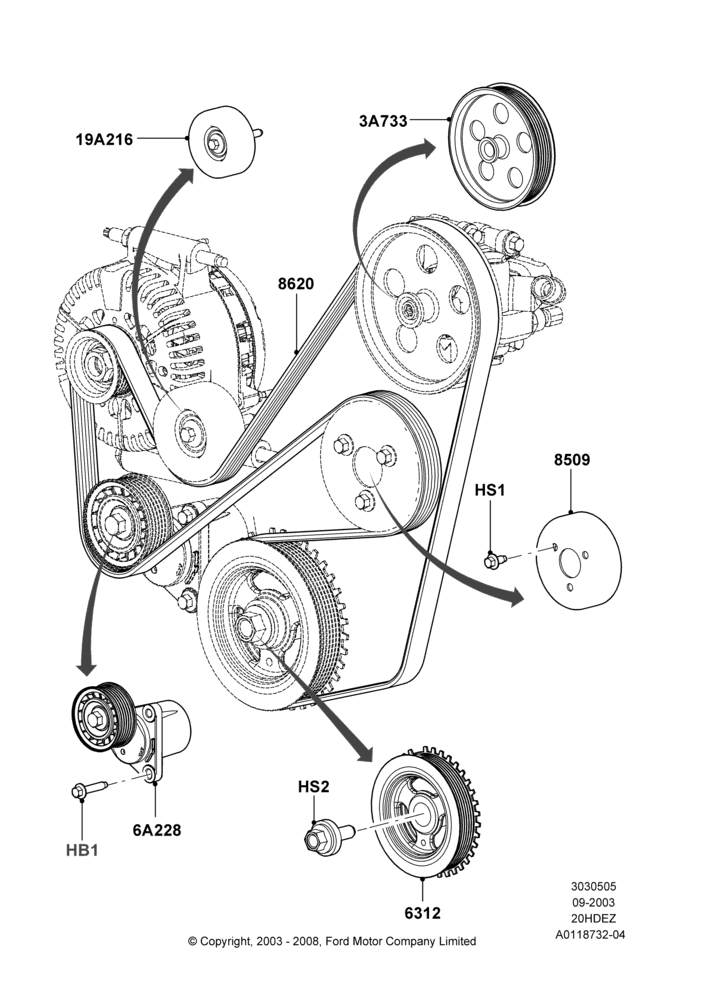 05B - Pulleys and Drive Belts, All 2.0L Zetec Engines; 04/SEP/2003-05/APR/2004