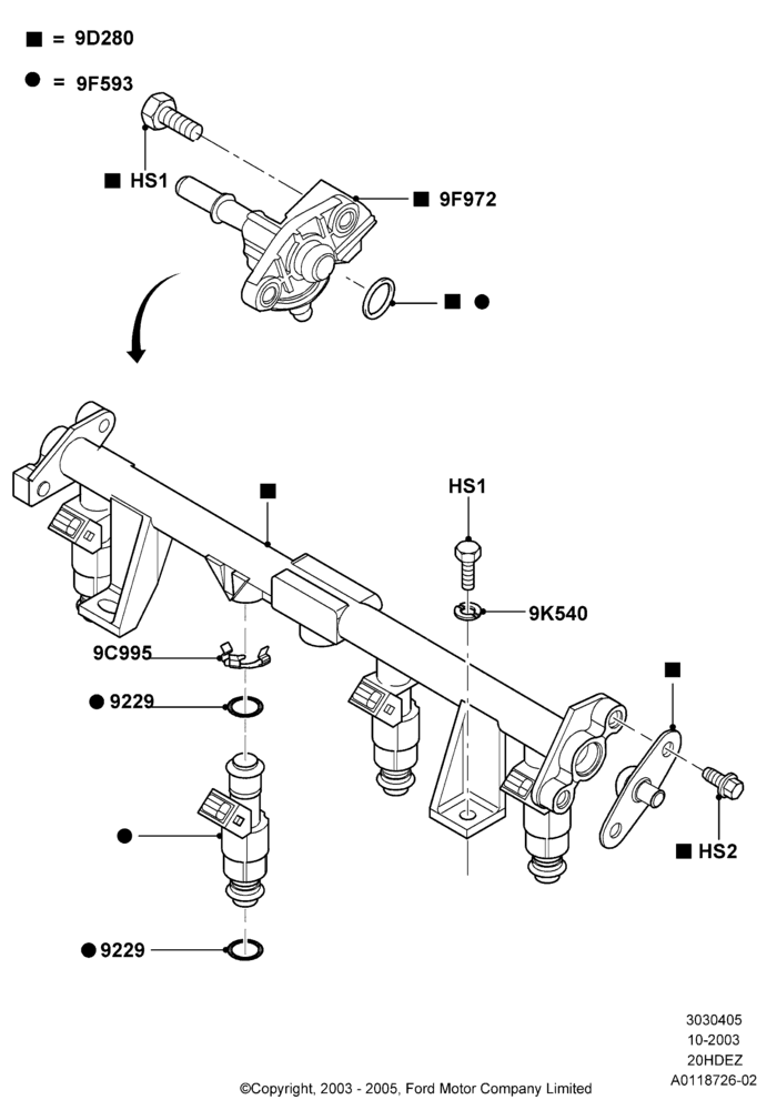 05C - Fuel Injectors and Pipes, Less SVT Package, Zetec 2.0 16V EFI; 04/SEP/2003-05/APR/2004