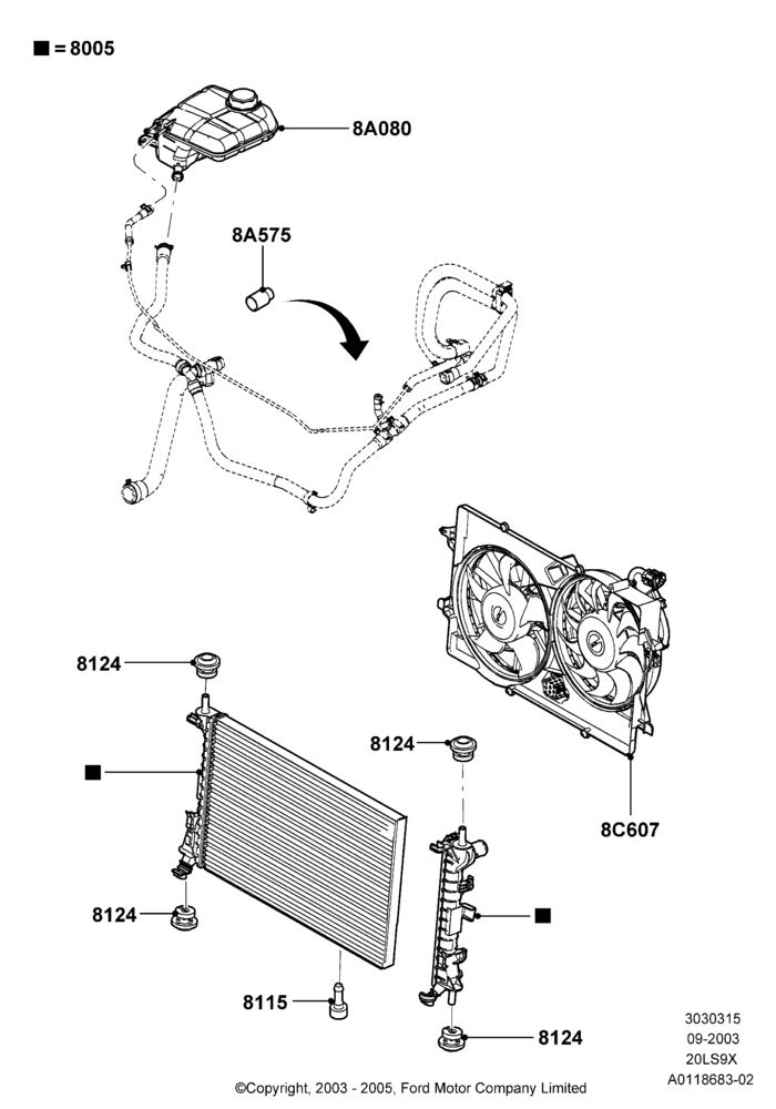 15 - Radiator/Coolant Overflow Container, CVH 2.0  EFI; 04/SEP/2003-05/APR/2004