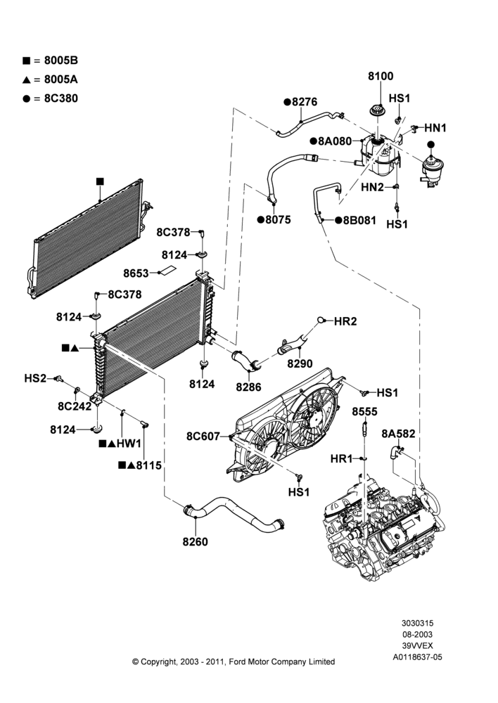 15 - Radiator/Coolant Overflow Container, 3.9L OHV EFI NA V6 GAS; 25/AUG/2003-02/JAN/2007