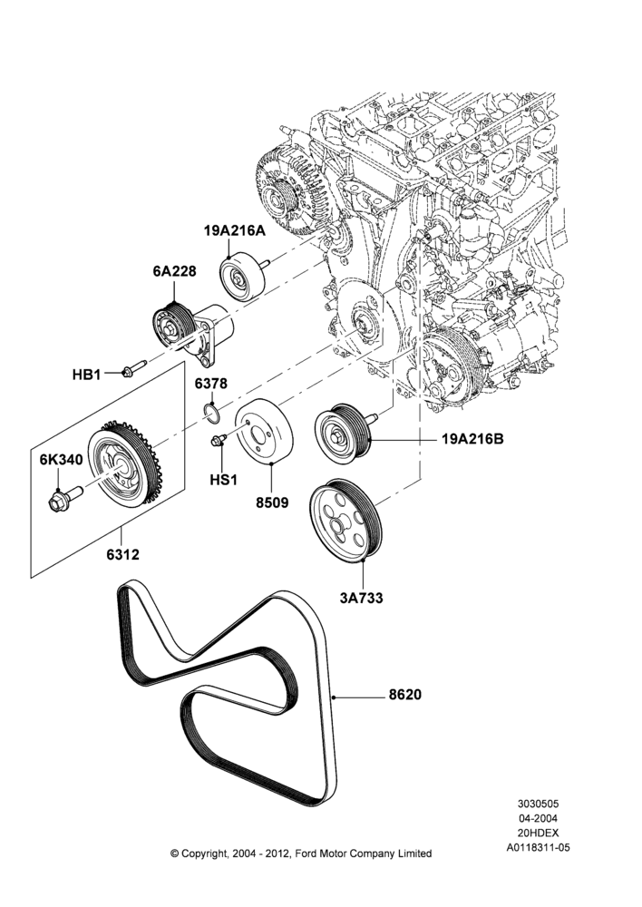 05A - Pulleys and Drive Belts, 2.0L Duratec HE (137PS); 05/APR/2004-07/DEC/2010