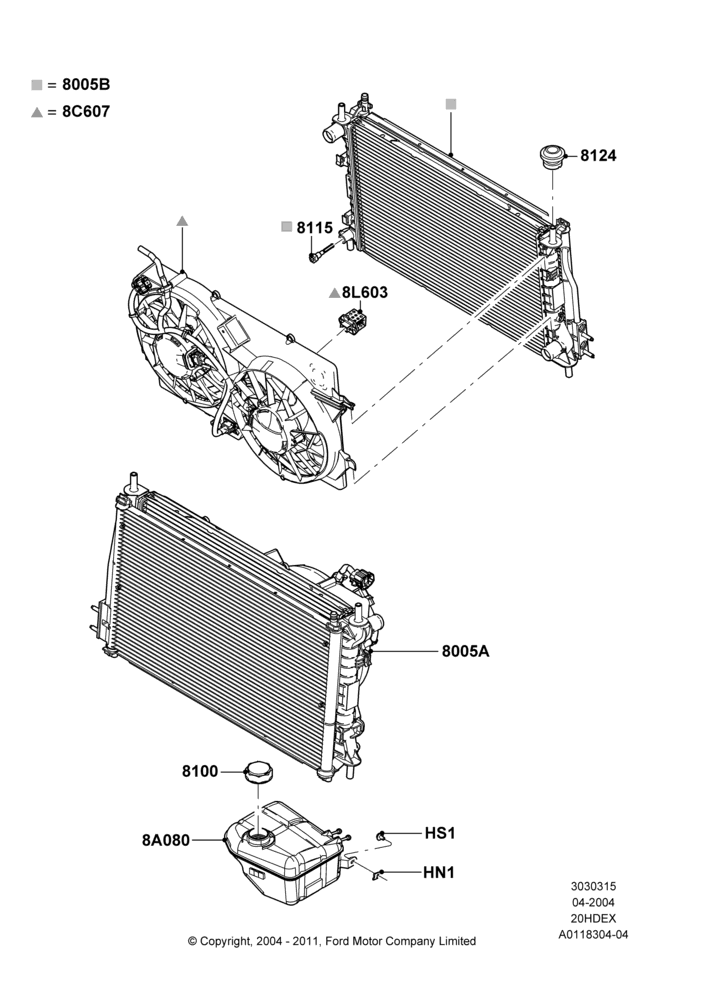 15A - Radiator/Coolant Overflow Container, 2.0L Duratec HE (137PS); 05/APR/2004-27/AUG/2007