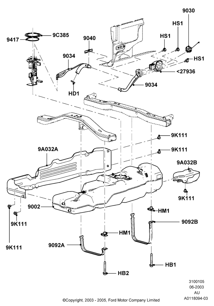 05V - Fuel Tank, 139"/3531MM Wheelbase, 5.4L 3V V8, All Styleside Pick-Up Box, Less Skid Plates; 02/JUN/2003-08/AUG/2005