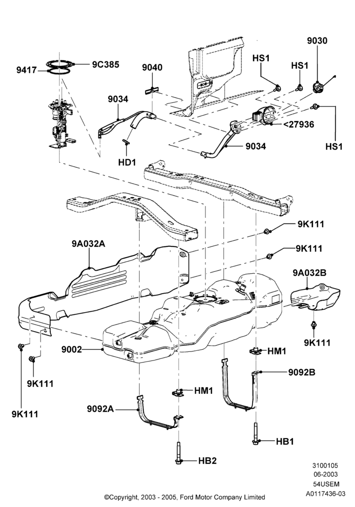 05S - Fuel Tank, 163"/4140MM Wheelbase, 5.4L 3V V8, All Styleside Pick-Up Box, Less Skid Plates, With Single Fuel Tank; 02/JUN/2003-08/AUG/2005