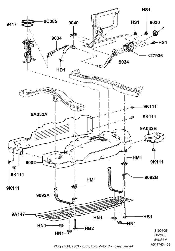 05R - Fuel Tank, 163"/4140MM Wheelbase, 5.4L 3V V8, All Styleside Pick-Up Box, Extended Range Single Fuel Tank, With Skid Plates; 02/JUN/2003-08/AUG/2005