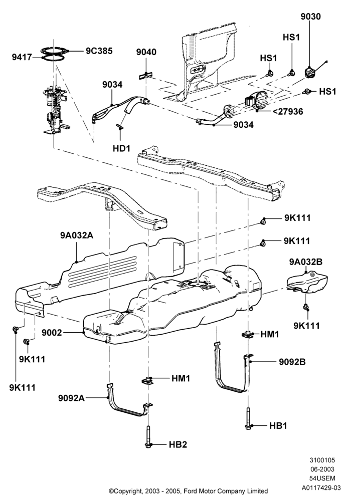 05P - Fuel Tank, 145"/3675MM Wheelbase, 5.4L 3V V8, Extended Range Single Fuel Tank, Less Skid Plates, With 6.5' Flareside Box; 02/JUN/2003-08/AUG/2005