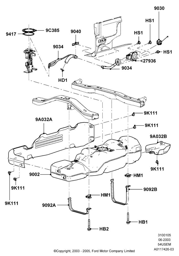 05N - Fuel Tank, 145"/3675MM Wheelbase, 5.4L 3V V8, Less Skid Plates, With 6.5' Flareside Box, With Single Fuel Tank; 02/JUN/2003-08/AUG/2005