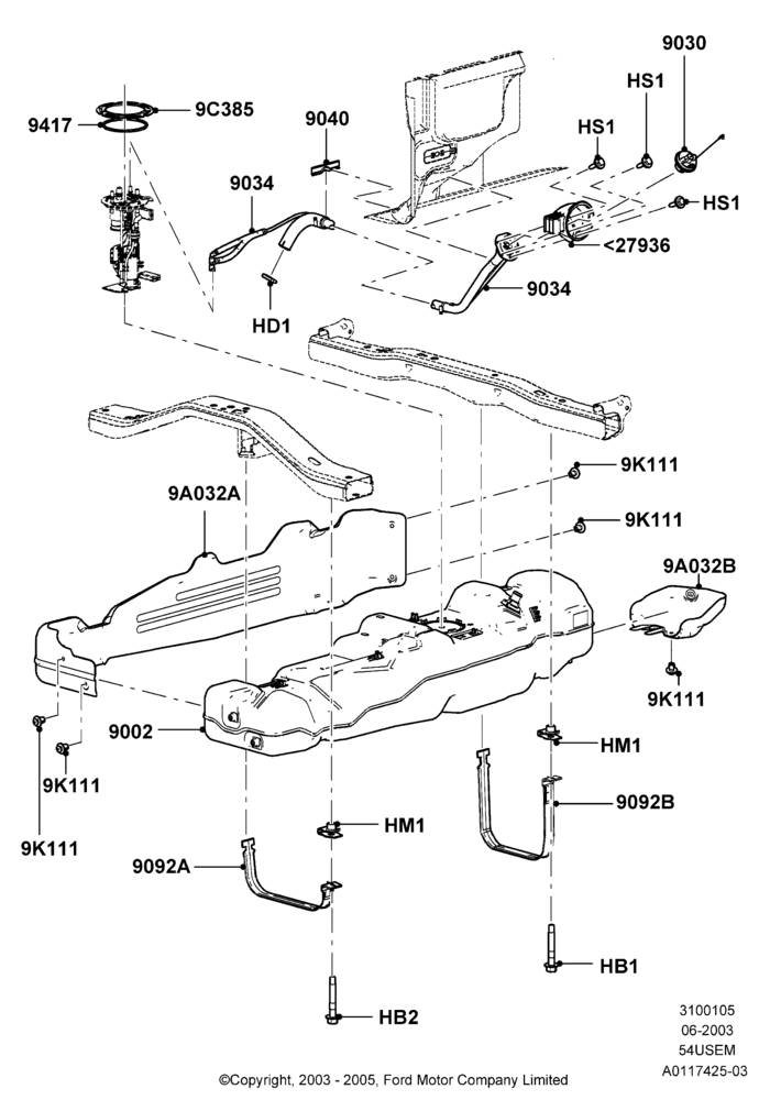 05M - Fuel Tank, 145"/3675MM Wheelbase, 5.4L 3V V8, All Styleside Pick-Up Box, Less Skid Plates, With Single Fuel Tank; 02/JUN/2003-08/AUG/2005