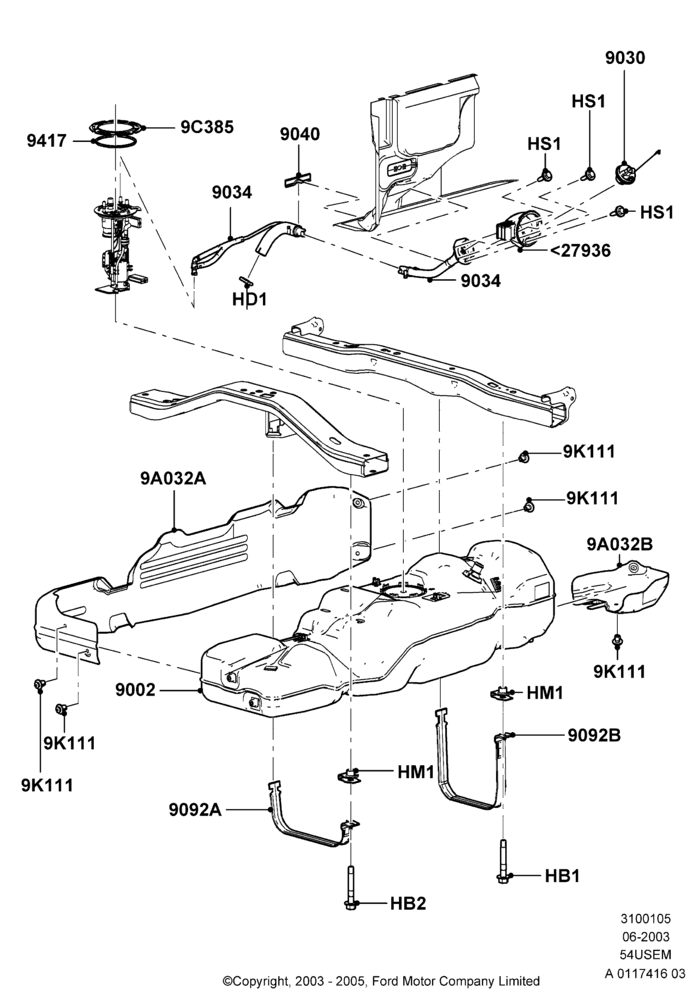 05F - Fuel Tank, 126"/3200MM Wheelbase, 5.4L 3V V8, Less Skid Plates, With 6.5' Flareside Box; 02/JUN/2003-08/AUG/2005