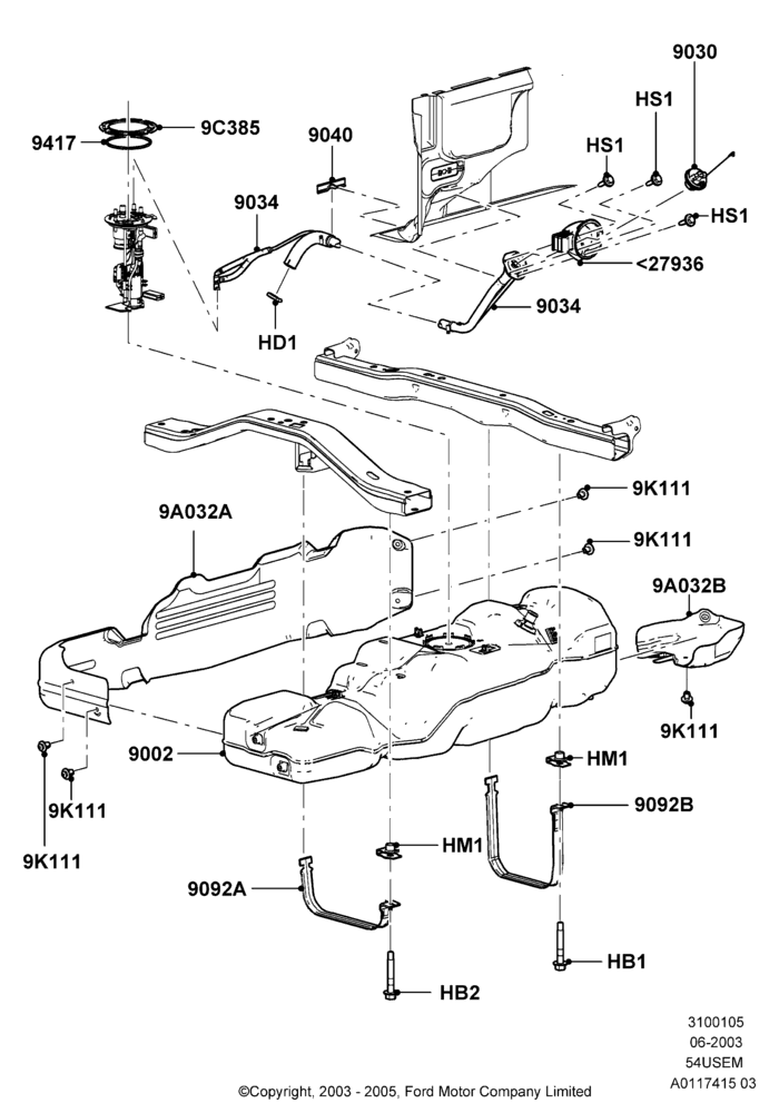 05E - Fuel Tank, 126"/3200MM Wheelbase, 5.4L 3V V8, All Styleside Pick-Up Box, Less Skid Plates; 02/JUN/2003-08/AUG/2005
