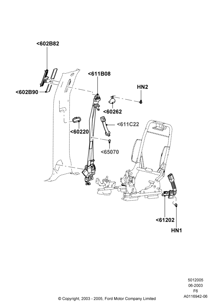 05H - Front Seat Belts, Bucket Type Front Seat, Crew Cab, Sports Front Seat, With Captain Chair Front Seats; 02/JUN/2003-18/AUG/2008
