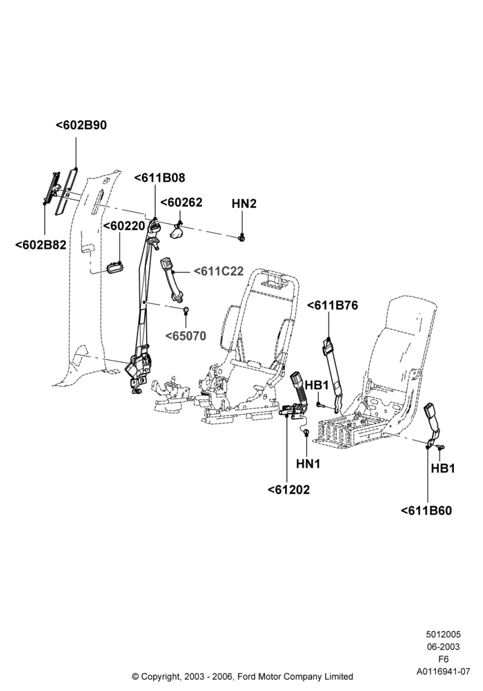 05F - Front Seat Belts, Crew Cab, With 40/20/40 Split Bench Frnt Seat, With Sport 40/20/40 Front Seat; 02/JUN/2003-23/AUG/2004