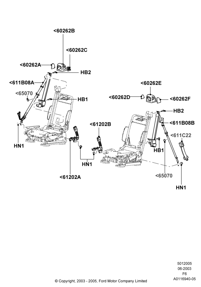 05E - Front Seat Belts, Sports Front Seat, Super Cab, With Captain Chair Front Seats; 02/JUN/2003-18/AUG/2008