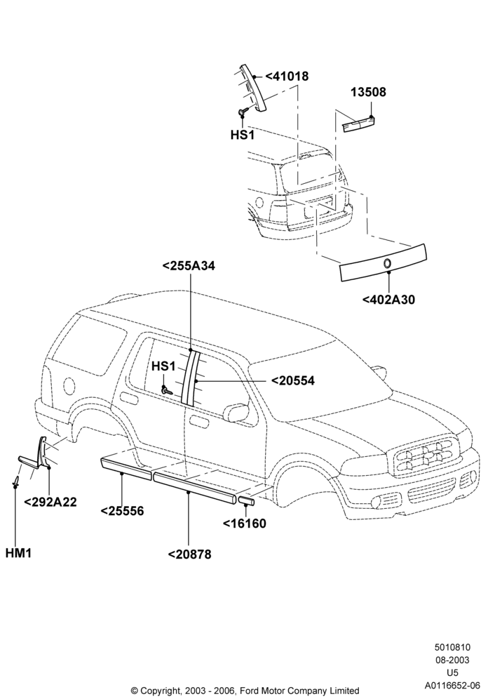 10F - Body Mouldings, Less Exterior Wheel Lip Molding, XLS, XLT; 04/AUG/2003-19/JUL/2005