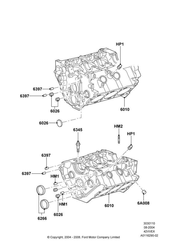 10B - Cylinder Block and Plugs, 4.2L V6 12v OHV EFI; 23/AUG/2004-18/AUG/2008