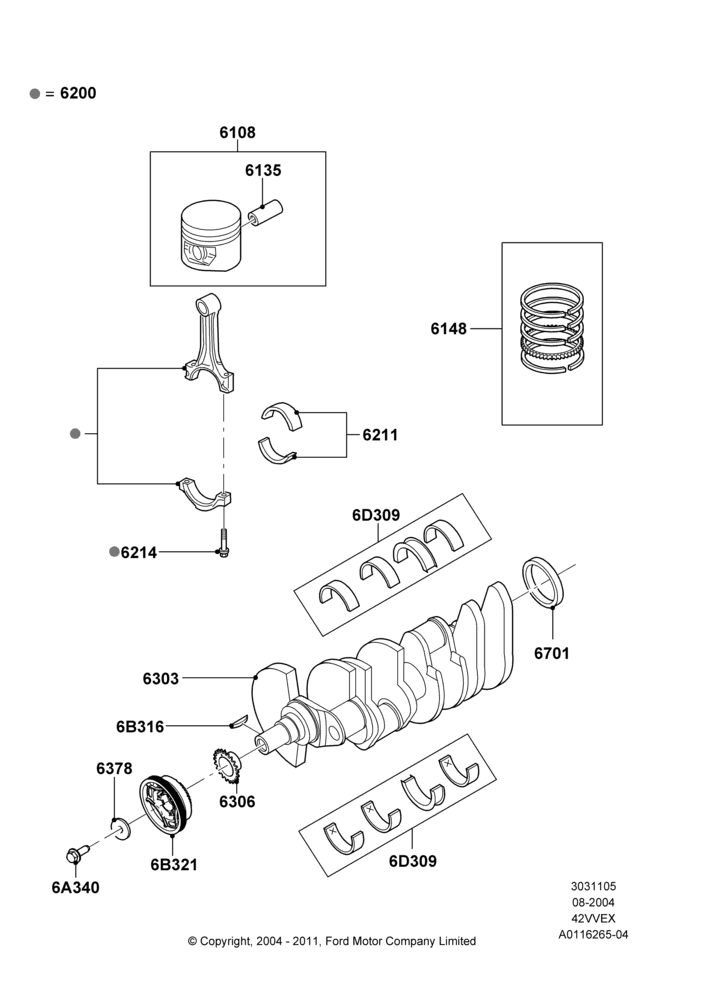 05B - Crankshaft/Pistons and Bearings, 4.2L V6 12v OHV EFI; 23/AUG/2004-18/AUG/2008
