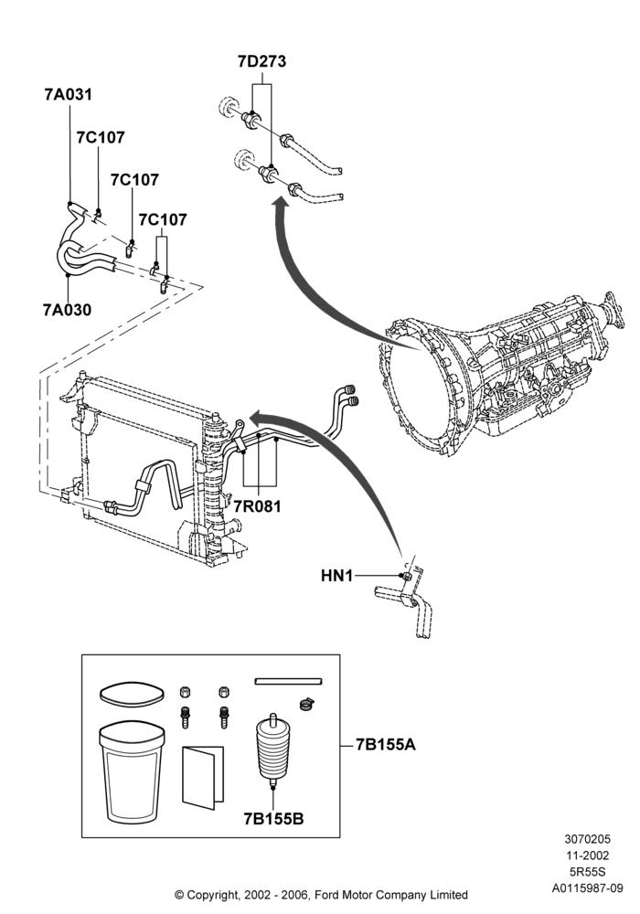 05B - Transmission Cooling Systems, 3.9L Dohc EFI NA V8 Gas*HP, 5 Speed Auto Transmission 5R55S; 18/NOV/2002-01/JUL/2005