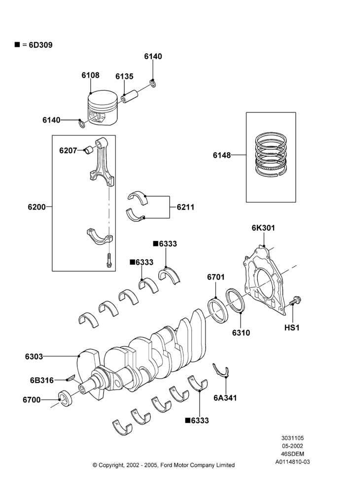 05B - Crankshaft/Pistons and Bearings, 4.6 DOHC EFI S/C, Cobra; 06/MAY/2002-12/MAY/2004