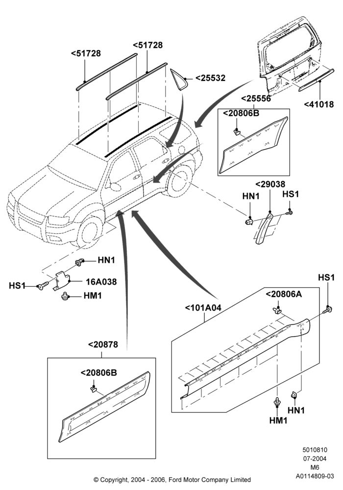10A - Body Mouldings, Ford Series, Less Exterior Wheel Lip Molding; 26/JUL/2004-01/MAY/2006
