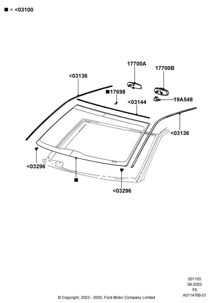 05A - Windshield/Inside Rear View Mirror, Production Installed; 02/JUN/2003-13/AUG/2007