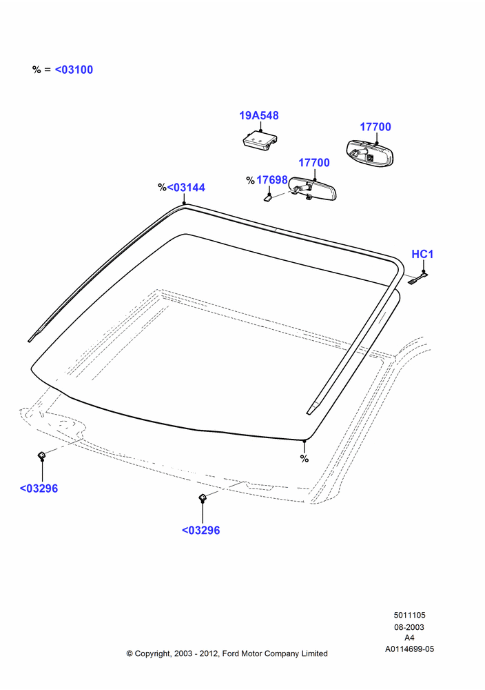 05A - Windshield/Inside Rear View Mirror, Production Installed; 25/AUG/2003-02/JAN/2007