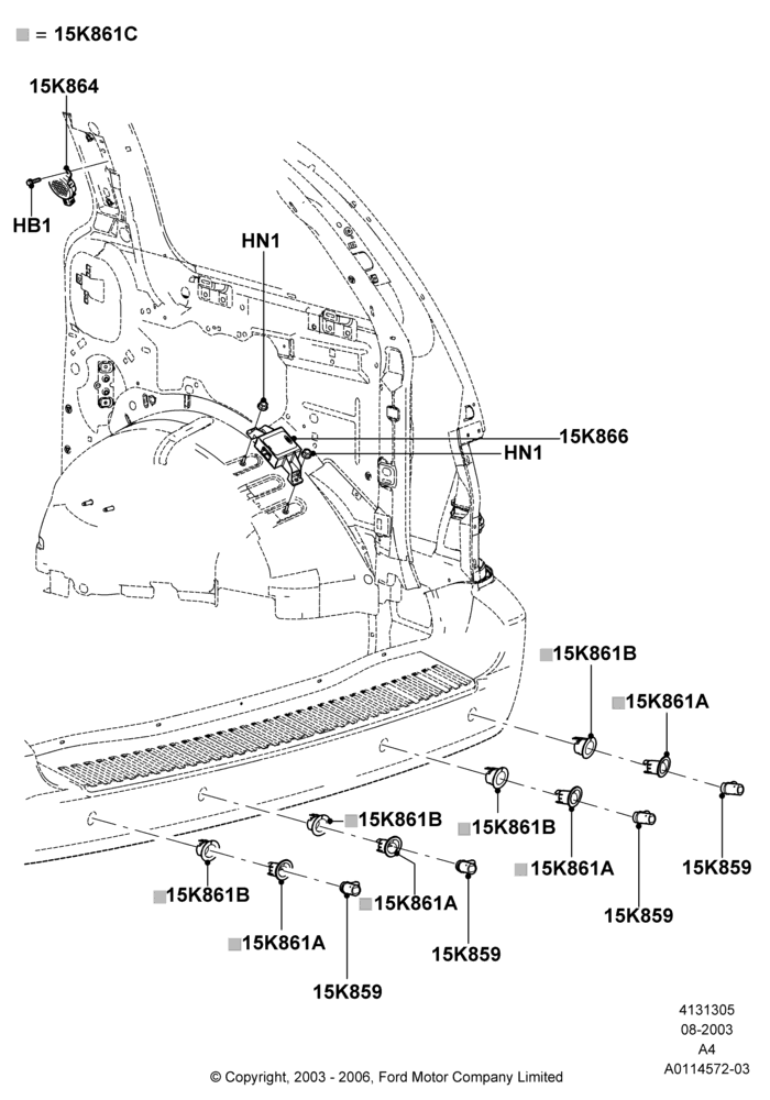 05A - Parking Distance Control, Ford Series, Rear Bumper Sensor Device; 25/AUG/2003-02/JAN/2007