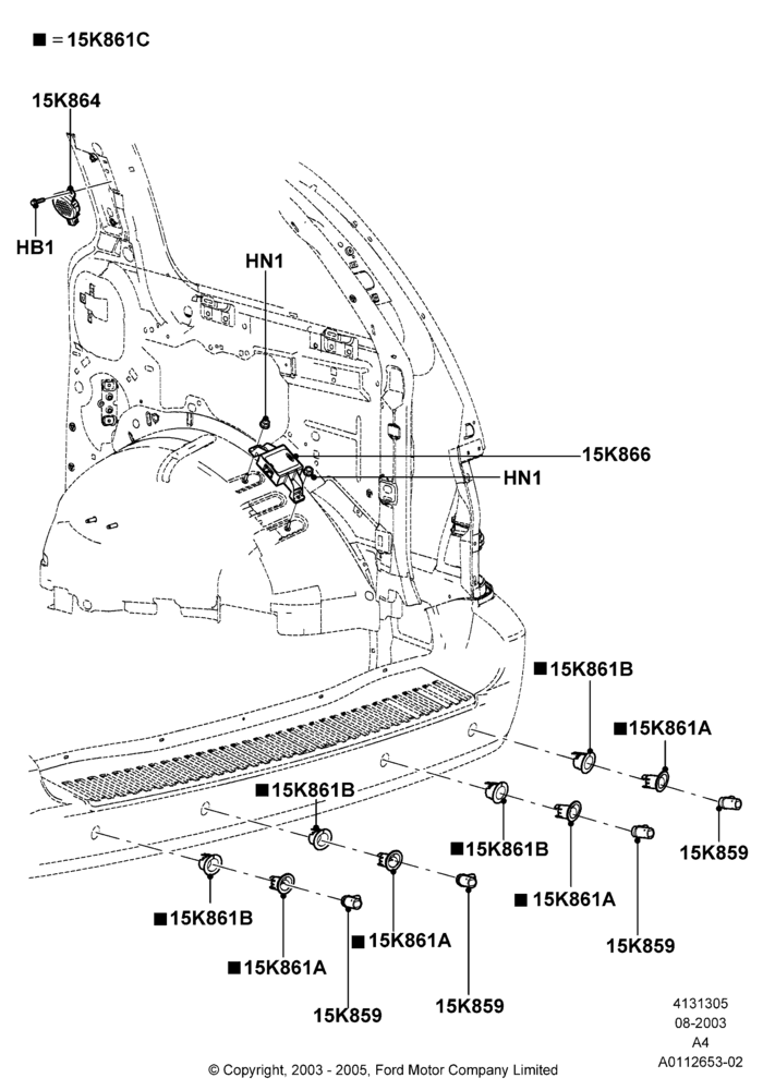05B - Parking Distance Control, Lincoln/Mercury Series, Rear Bumper Sensor Device; 25/AUG/2003-02/JAN/2007