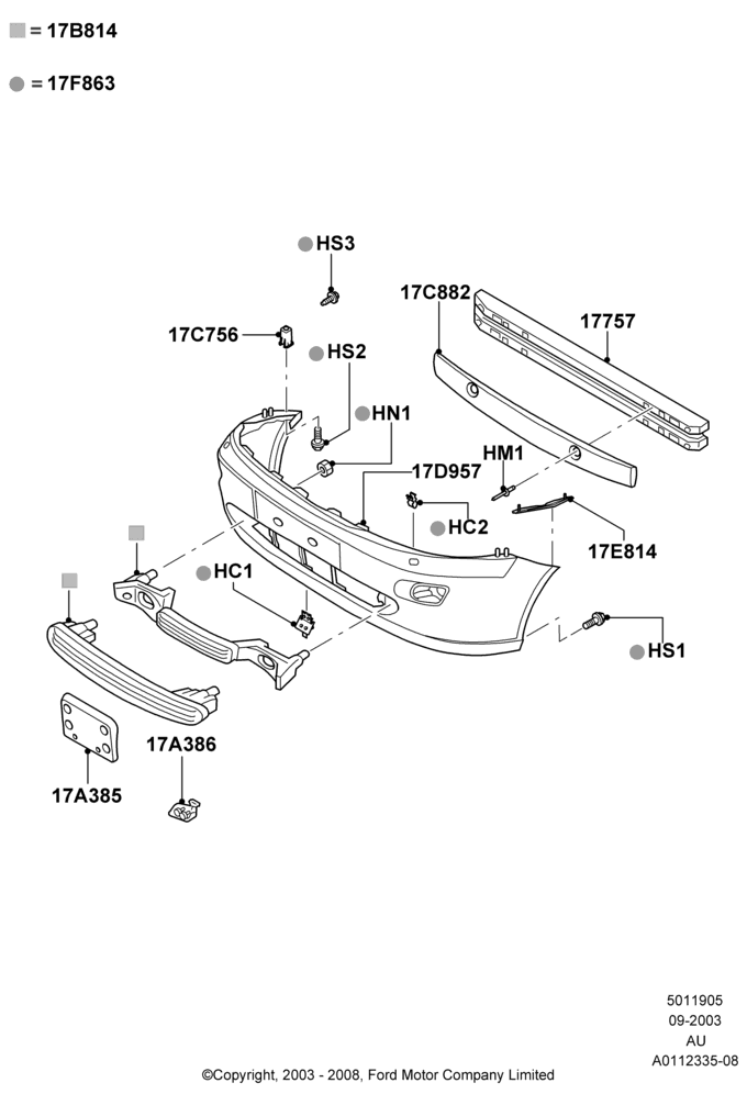 05A - Radiator Grille and Front Bumper, Less SVT Package; 04/SEP/2003-05/APR/2004