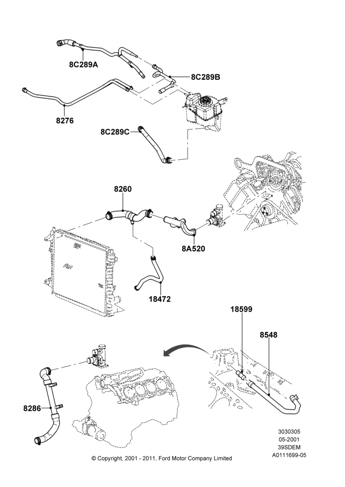 05B - Cooling System Pipes and Hoses, 3.9L Dohc EFI NA V8 Gas*HP; 04/JUN/2001-18/NOV/2002