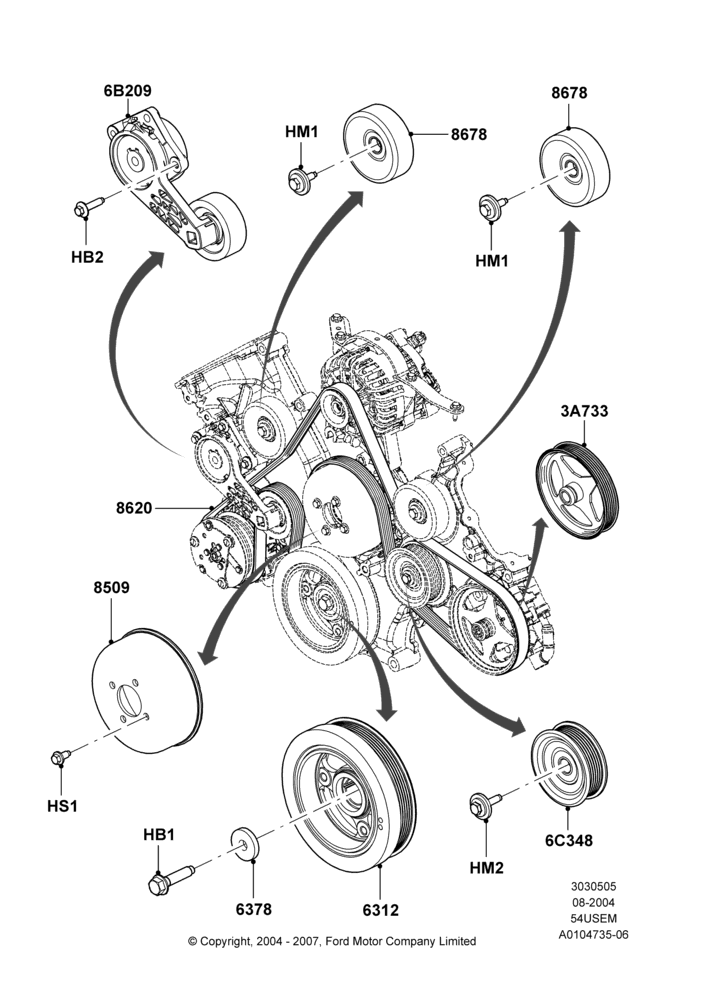 05A - Pulleys and Drive Belts, 5.4L 3V V8; 02/AUG/2004-15/SEP/2008