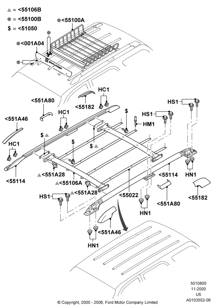 05C - Roof Rack Systems, (+) North American Markets, With NBX Package, Production Installed; 19/AUG/2002-04/AUG/2003