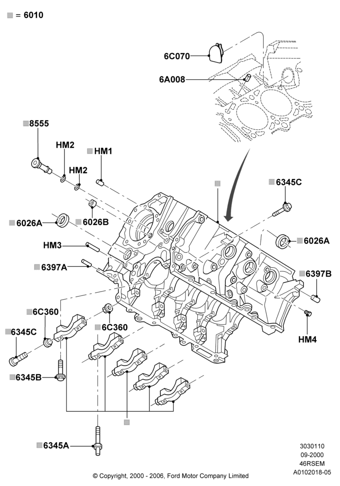 10A - Cylinder Block and Plugs, 4.6 SOHC EFI, GT; 18/SEP/2000-12/MAY/2004
