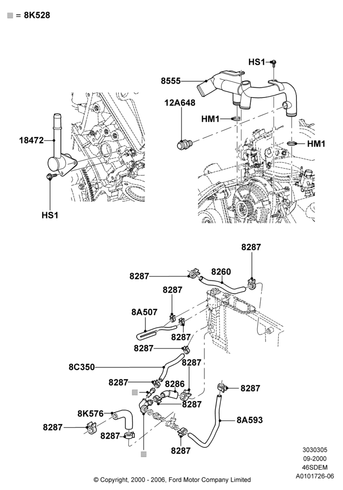 Cooling System Pipes and Hoses, 4.6L DOHC V8 EFI
