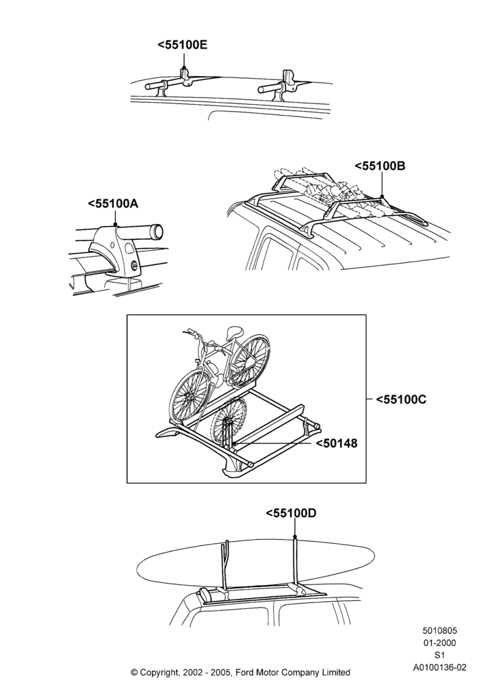 05W - Roof Rack Systems, Accessory Type, Cross Bar, Ski Racks, Bike Racks, Wheel Holder, Kayak And Canoe Carrier; 31/JAN/2000-30/JUN/2005