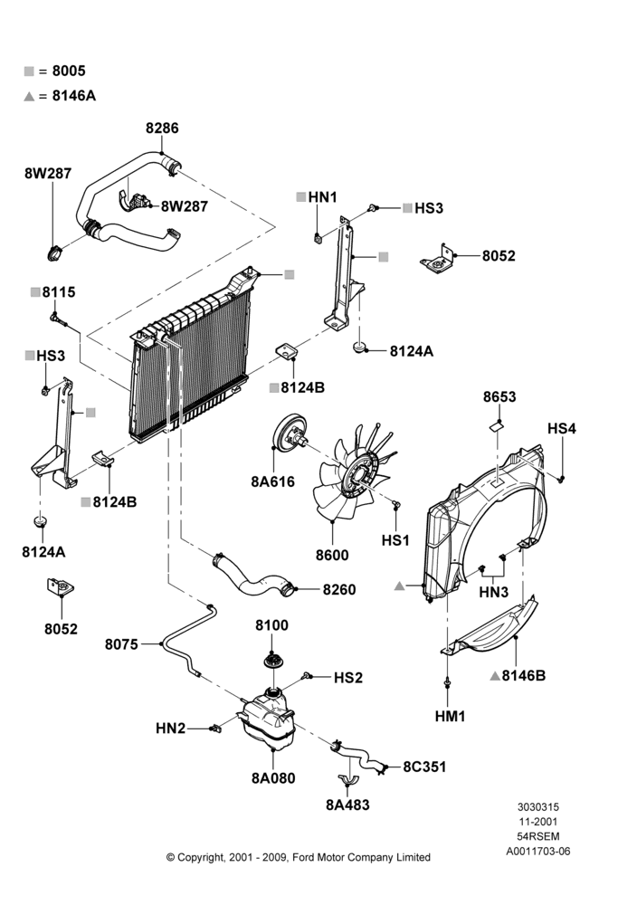 15A - Radiator/Coolant Overflow Container, 5.4L Modular SOHC V8; 18/MAR/2002-01/DEC/2003