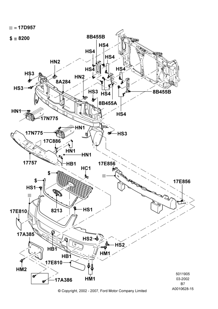 05A - Radiator Grille and Front Bumper, XLS, XLT; 18/MAR/2002-02/AUG/2006