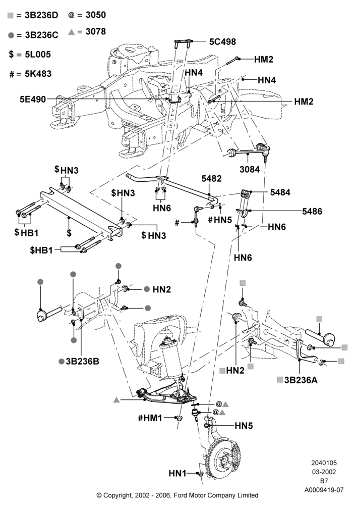 05B - Front Susp.Arms/Stabilizer/X-Member, LHD 4WD (Part Time Drive); 18/MAR/2002-02/AUG/2006