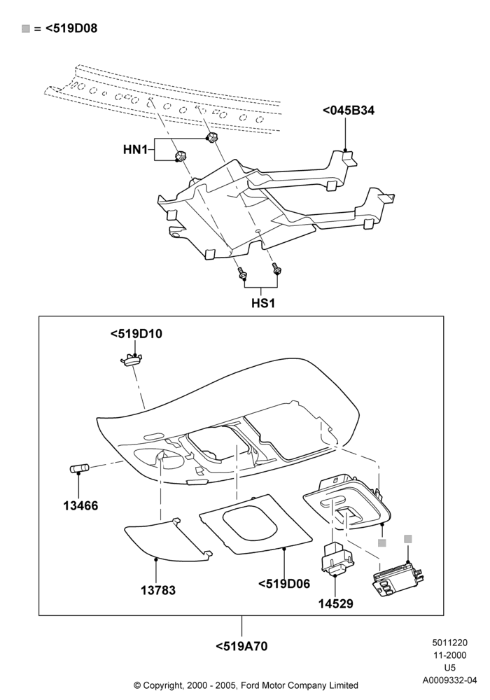 20G - Console - Overhead, (+)"CDN/USA", With Aux Overhead Heater And A/C, WITH HOMELINK, With Sliding Roof; 04/MAR/2002-19/JUL/2005