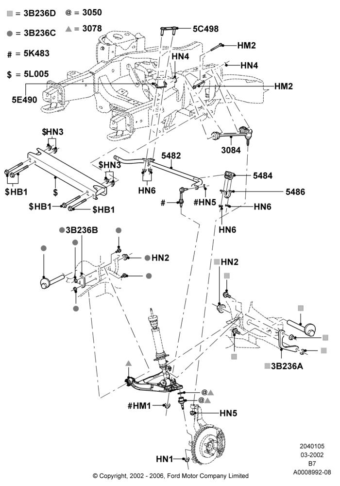 05A - Front Susp.Arms/Stabilizer/X-Member, LHD RWD; 18/MAR/2002-02/AUG/2006
