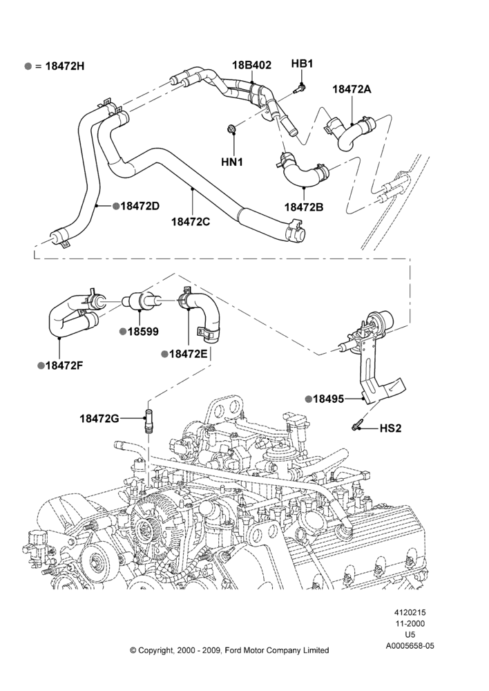 15H - Heater Hoses, (+) North American Markets, Less Aux Overhead Heater And A/C, Romeo 4.6 SOHC EFI; 13/NOV/2000-19/JUL/2005