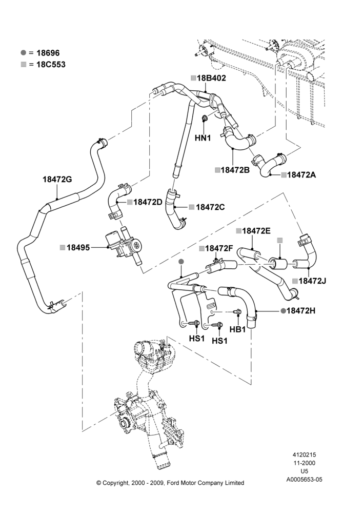 15C - Heater Hoses, 4.0L V6 12V SOHC EFI, All LHD Territories, Less Engine Oil Cooler, With Aux Overhead Heater And A/C; 13/NOV/2000-19/JUL/2005