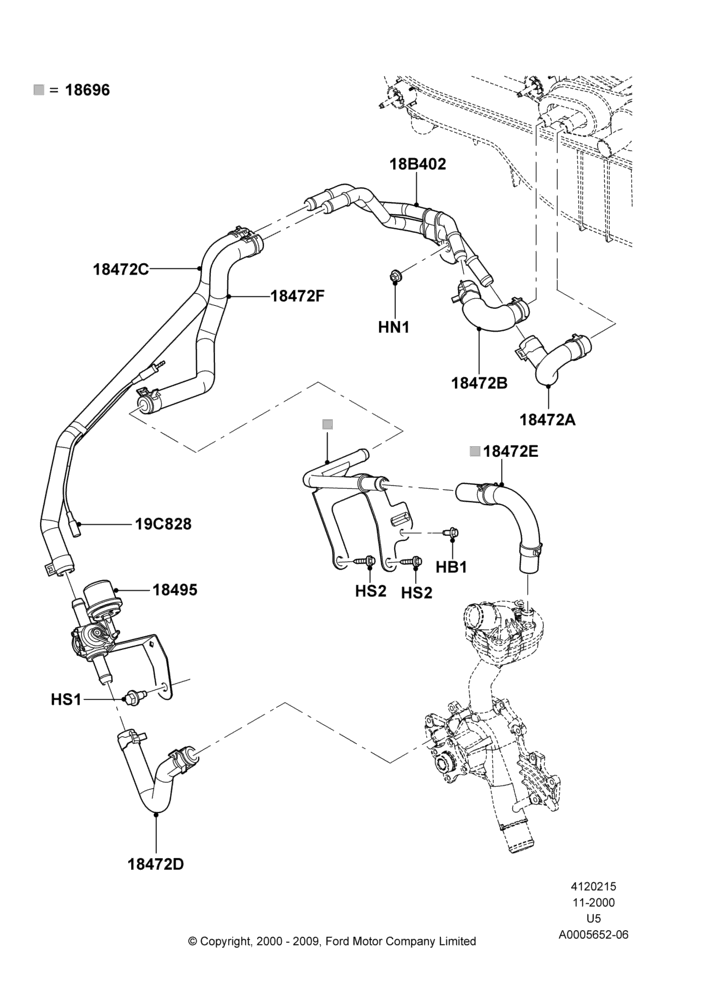 15B - Heater Hoses, 4.0L V6 12V SOHC EFI, Less Aux Overhead Heater And A/C, Less Engine Oil Cooler; 13/NOV/2000-19/JUL/2005