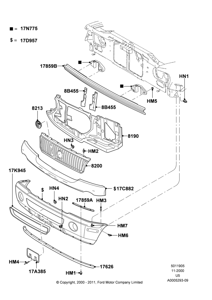 05C - Radiator Grille and Front Bumper, Lincoln/Mercury Series; 13/NOV/2000-19/JUL/2005