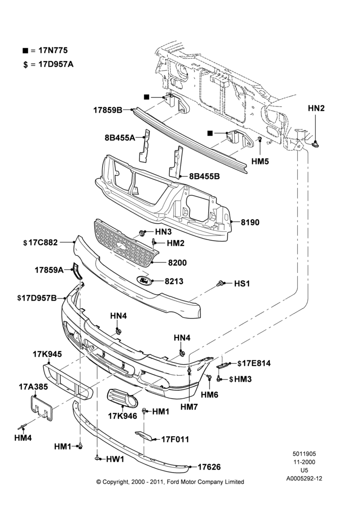 05B - Radiator Grille and Front Bumper, Ford Series, XLT; 13/NOV/2000-19/JUL/2005