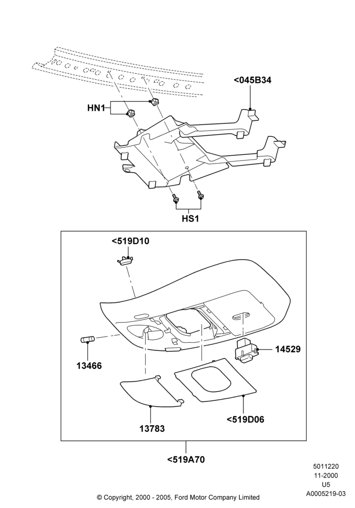 20F - Console - Overhead, Less Homelink, With Aux Overhead Heater And A/C, With Sliding Roof; 04/MAR/2002-19/JUL/2005