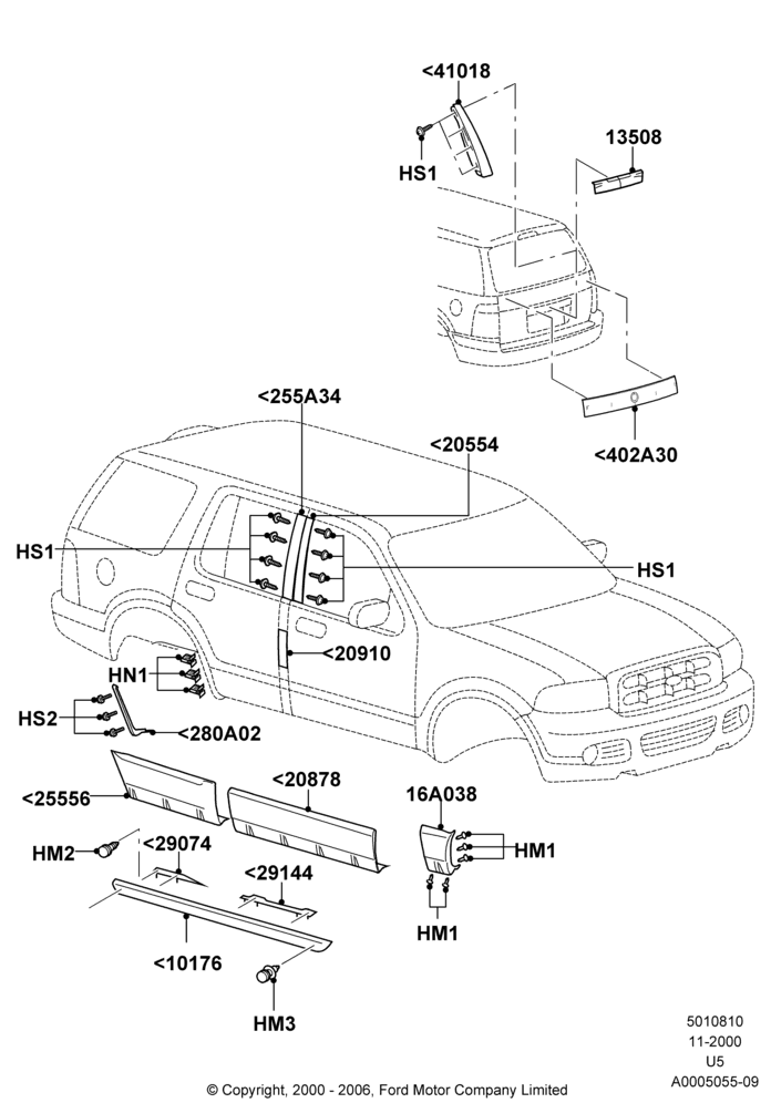 10E - Body Mouldings, Mountaineer Version; 13/NOV/2000-19/JUL/2005